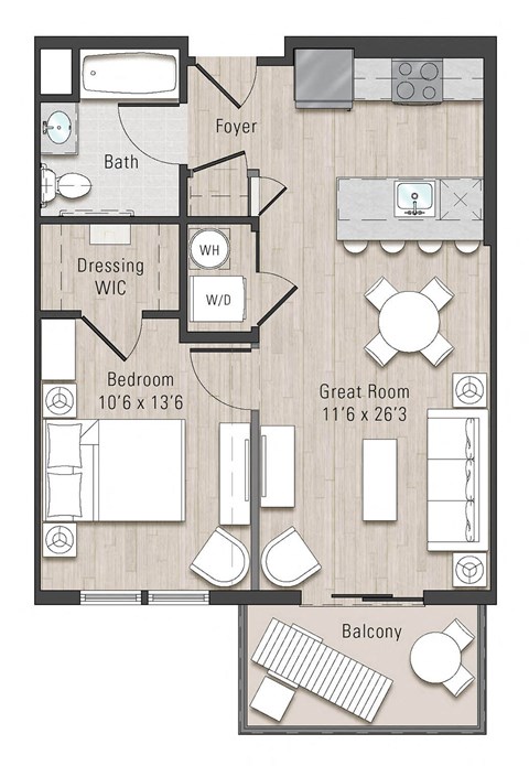 Floor plan for 1 bed, 1 bath, 625 sqft